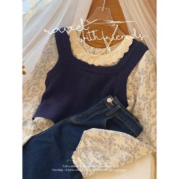 韓版蕾絲花邊圓領短款馬甲襯衫套裝女秋季時髦寬松顯瘦上衣兩件套