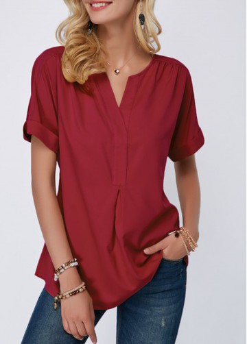 Wine Red Short Sleeve Split Neck Blouse