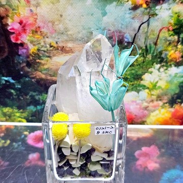 水晶盆栽0121-2號 美國阿肯色州靈魂伴侶白水晶柱+檸檬玉髓、紅石榴、橄欖石 ~好運繁榮無限大風水缽