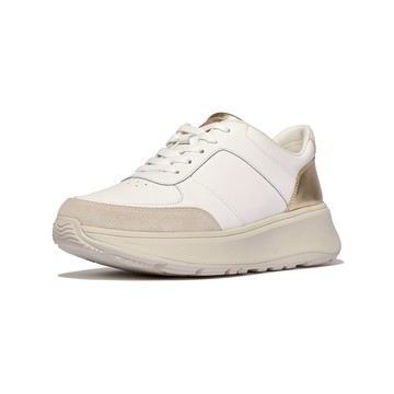 F-MODE皮革/麂皮/金屬厚底休閒鞋-都會白/金色