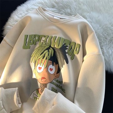 發泡印花衛衣男圓領美式復古高街上衣春秋新款潮流寬松長袖套頭衫