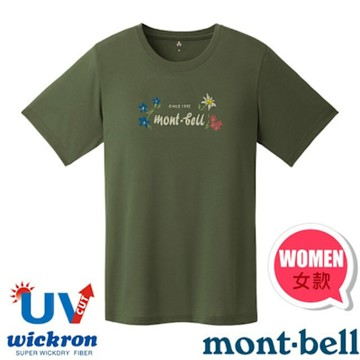 【mont-bell】女 Wickron 吸濕排汗短袖T恤(SWISS FLOWERS).圓領衫.運動上衣_1114855 KH 卡綠
