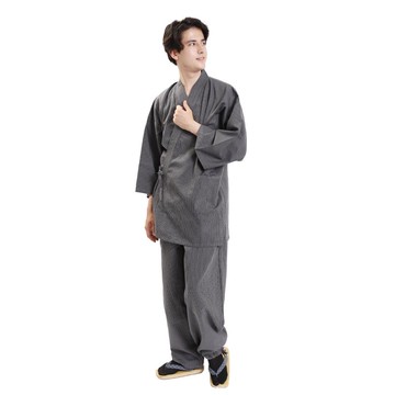 日本 和服 綿 作務衣 居家服 套裝 Sashiko 工藝 M L LL 深灰