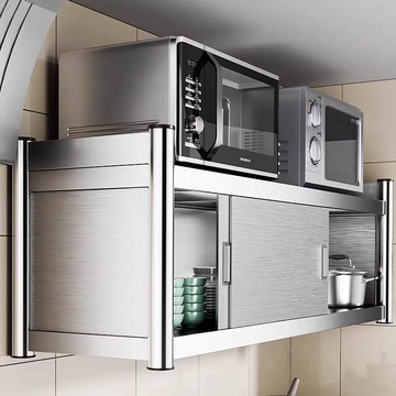 免運/可開發票  廚房吊櫃 置物櫃 加厚不銹鋼廚房掛墻置物架推拉門壁掛櫥柜微波爐架儲物柜廚房吊柜 快速出貨