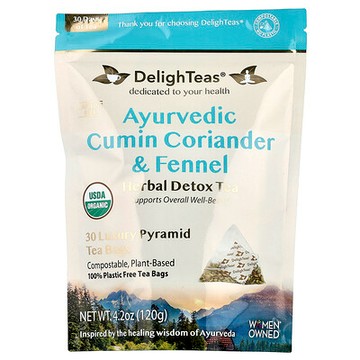 DelighTeas, 阿育吠陀孜然香菜茴香，無咖啡萃取草本清體茶，30 個豪華金字塔茶包，4.2 盎司（120 克）
