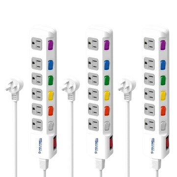 POLYWELL 寶利威爾 3孔電源延長線7切6座 PW15-T05-B030  182cm  白色  3條