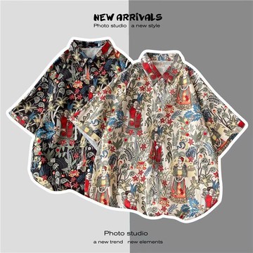 日系ins港夏季短袖花衫男女薄款痞夏威夷沙情松衣