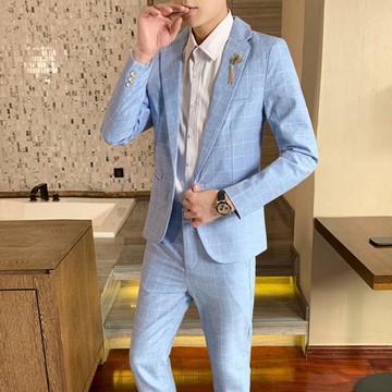 2025春季新款男士休閑西服套裝外套韓版修身帥氣格子青年小西裝