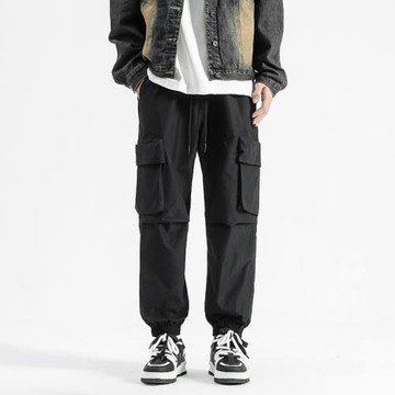 黑色多口袋工裝褲女春季美式潮牌寬松直筒束腳休閑長褲運動風褲子