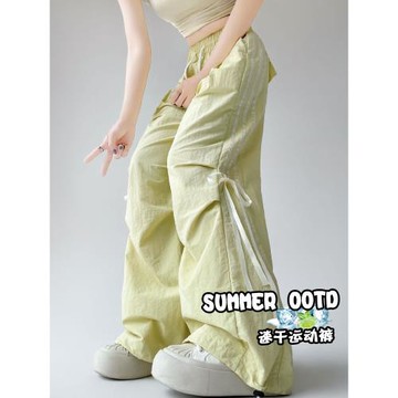 多巴胺冰絲速干工裝褲女夏季蝴蝶結系帶運動褲條紋兩穿束腳休閑褲