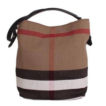 BURBERRY 巴寶莉  The Ashby 棉麻格紋附拉鍊小袋兩用水桶包(卡其x黑)