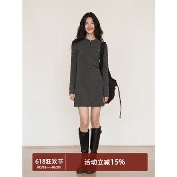 EIGHTHMONTH灰色針織修身連衣裙女2025新款秋季顯瘦長袖短款裙子