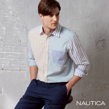 Nautica 男裝 撞色條紋休閒襯衫-橘藍色