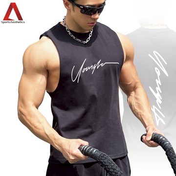 男士 健身 運動 寬肩 棉背心 寬鬆 無袖t恤 透氣 跑步 上衣 現貨