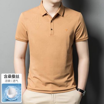 夏季新款桑蠶絲短袖t恤男翻領薄款冰絲棉半袖polo衫男裝寬松體恤