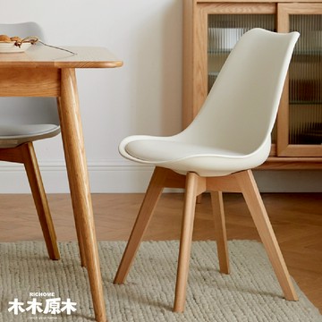 RICHOME 木木原木米色耐磨PU皮實木椅 實木餐椅 無扶手餐椅 化妝椅 工作椅 WSS0399