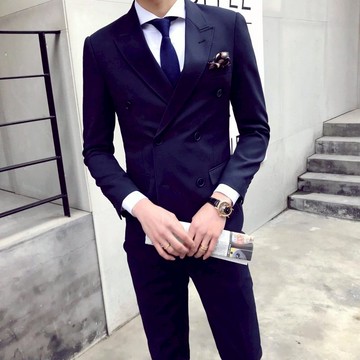 FINDSENSE H1男士 雙排扣 經典 藏青 西裝 彈力面料 修身  馬甲 西褲 三件套 套裝