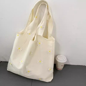 台灣熱賣🔥韓系刺繡雛菊帆布背袋 單肩包 肩背包 櫻花刺繡 氣質網紗背袋 購物袋 帆布袋 側背包 學生 通勤 上課