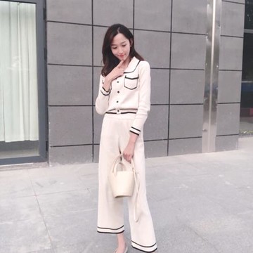 外貿出口法國意大利女裝余單剪標大牌名媛小香風針織闊腿褲套裝女