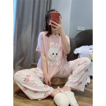可愛兔子莫代爾睡衣女夏季薄款短袖長褲寬松休閑家居服套裝可出門