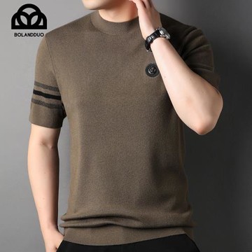 精紡加厚針織衫短袖男士羊毛半袖毛衣秋冬季半高領t恤男裝打底衫