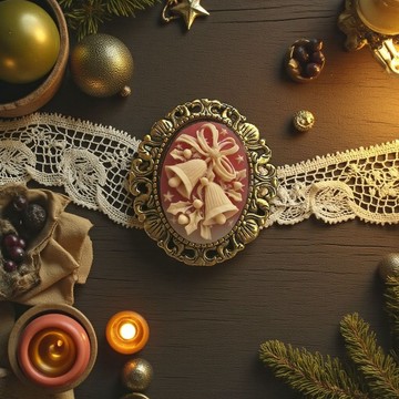 Cameo Brooch #93 貝殼浮雕胸針 鈴鐺 聖誕 紅色