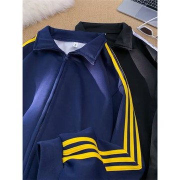 潮牌三條杠開衫衛衣男秋季美式撞色條紋夾克外套痞帥寬松情侶上衣