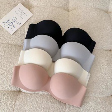 夏季無肩帶內衣女聚攏防滑一片式無痕抹胸無鋼圈上托隱形文胸光面