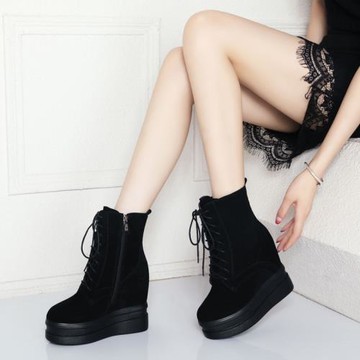 系帶秋冬新款12cm內增高真皮短靴女韓百搭坡跟單靴休閑厚底及踝靴