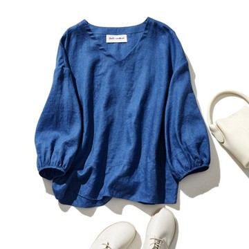 百搭必備亞麻九分袖上衣 設計師立裁版型 清新天藍色 230403-1