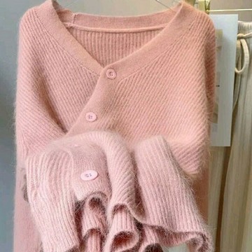 撤柜女裝剪標品牌折扣慵懶休閑風粉色浣熊絨毛衣秋冬寬松針織開衫