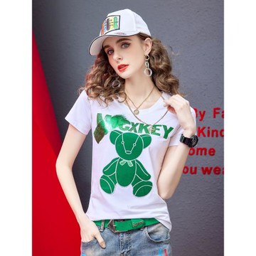 莫代爾短袖t恤女2025夏季新款時尚燙鉆小熊印花白色修身顯瘦上衣