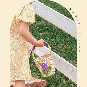 童趣夏季新款休閑小清新編織手工鉤花珍珠郁金香花水桶包海邊沙灘