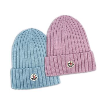 Moncler 品牌徽標羊毛螺紋針織毛帽(多色)