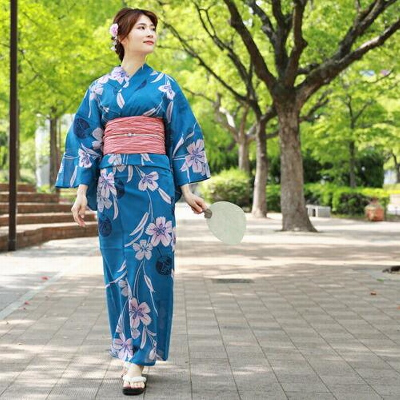 浴衣 単品 レトロ 高級変わり織り綿麻浴衣単品「青地にピンクの
