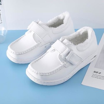 俏舒美秋冬季加絨保暖女軟底不累腳真皮氣墊護士鞋白色防臭低幫