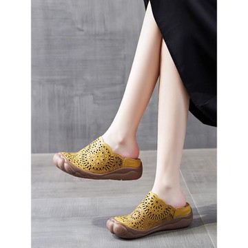 包頭拖鞋女夏季新款2025民族風舒適平底女鞋外穿真皮洞洞鏤空涼拖