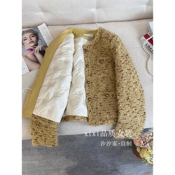 黃色小香風羽絨服女冬季2025新款高端法式流蘇亮絲氣質老錢風外套