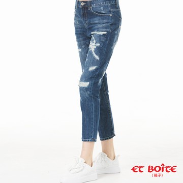【買1送1】補釘刷破高腰男友褲(深藍) - BLUE WAY ET BOITE箱子
