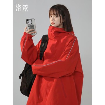 洛濃無性別秋季連帽沖鋒夾克男女外套百搭大碼防潑水寬松高街學生