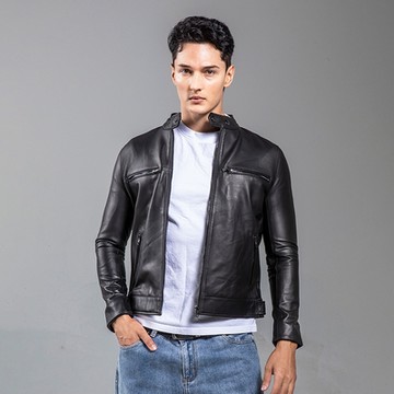 INTIMATUS 黑色 立領賽車衣風格小羊真皮夾克 IM24051