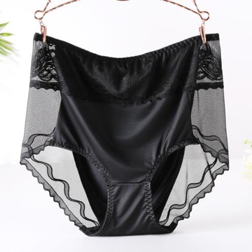 【130-200斤】緞面胖mm大碼內褲女高腰蕾絲性感網紗三角褲黑色