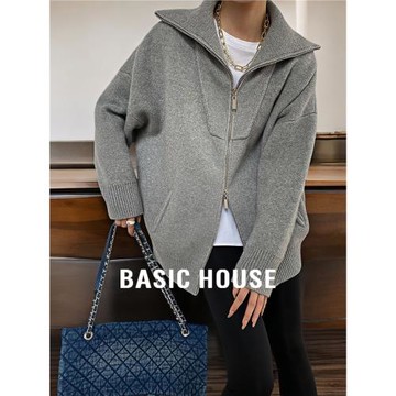 Basic House/百家好慵懶風翻領針織開衫女秋冬雙拉鏈灰色毛衣外套