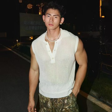 美式鏤空無袖POLO衫男夏季寬鬆復古街頭無袖網眼針織背心馬甲男 A81