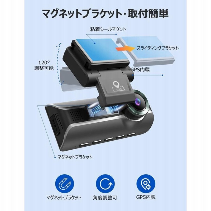 スマホで操作 ドライブレコーダー AZDOME LS05 日本語 前後車内3カメラ