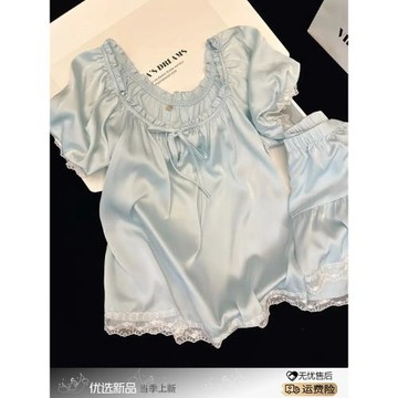 法式高級宮廷風冰絲睡衣女夏款純欲甜美蕾絲邊短袖短褲家居服套裝