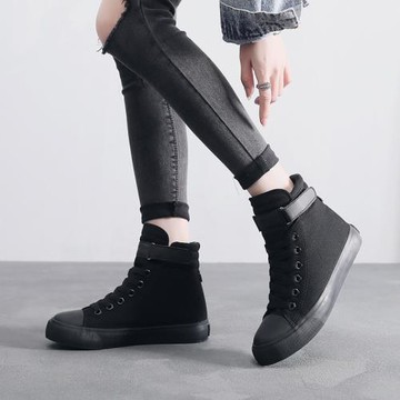 全黑工作鞋女大碼41-43高幫運動帆布鞋40加寬腳肥平底高邦板鞋42