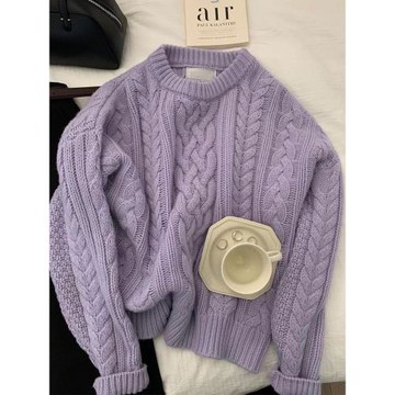 CHAO級單品！紫色麻花毛衣女厚實保暖羊毛針織衫軟糯慵懶風上衣