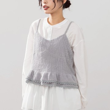 QUEENSHOP_F 女裝 蕾絲下襬毛絨設計細肩罩衫背心-灰 現+預 【01099420】