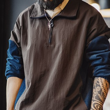 馬登工裝美式復古拼接半拉鍊夾克翻領撞色戶外燈芯絨褶皺大學T男春